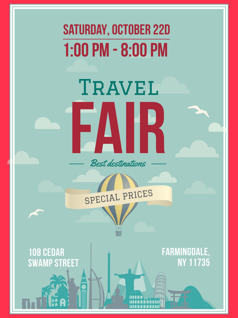 Travel Fair Advertisement with Hot Air Balloon Poster US Tasarım Şablonu