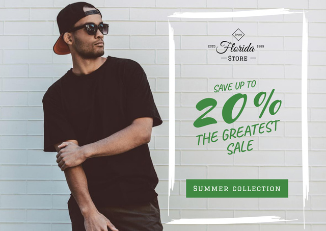 Fashion Mens Clothing Discount with Man in Sunglasses Poster B2 Horizontal Πρότυπο σχεδίασης
