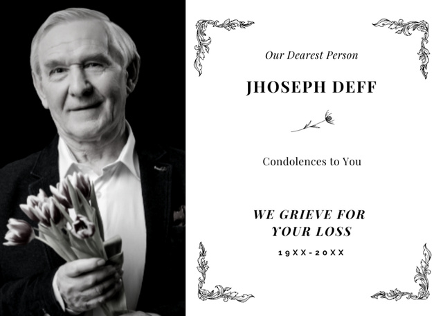 Modèle de visuel Funeral Remembrance Condolences with Photo of Man with Flowers - Postcard 5x7in