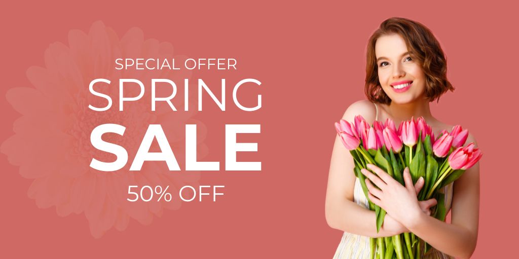 Ontwerpsjabloon van Twitter van Spring Sale with Young Woman with Pink Tulips