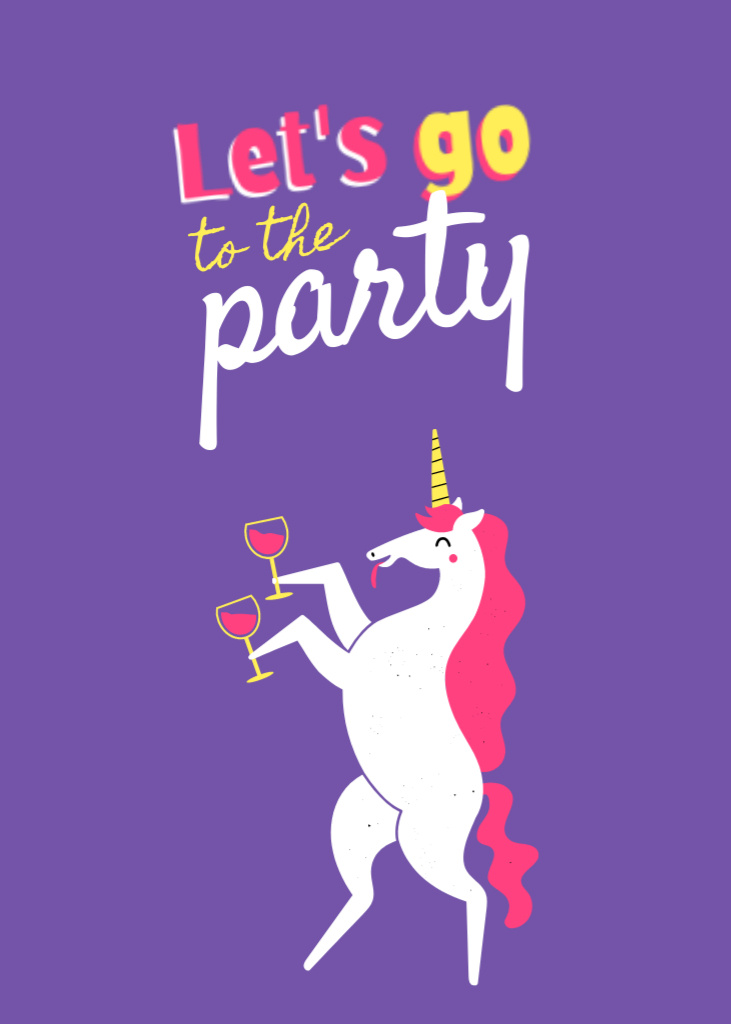 Ontwerpsjabloon van Postcard 5x7in Vertical van Party Announcement And Unicorn With Wineglasses in Purple