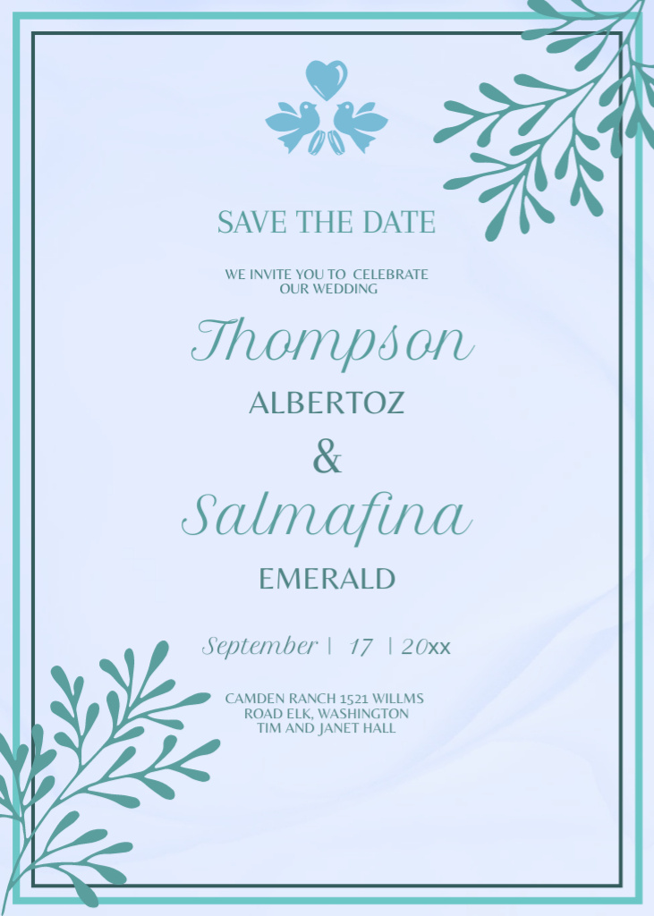 Exciting Wedding Celebration Announcement In Blue Invitation Design Template