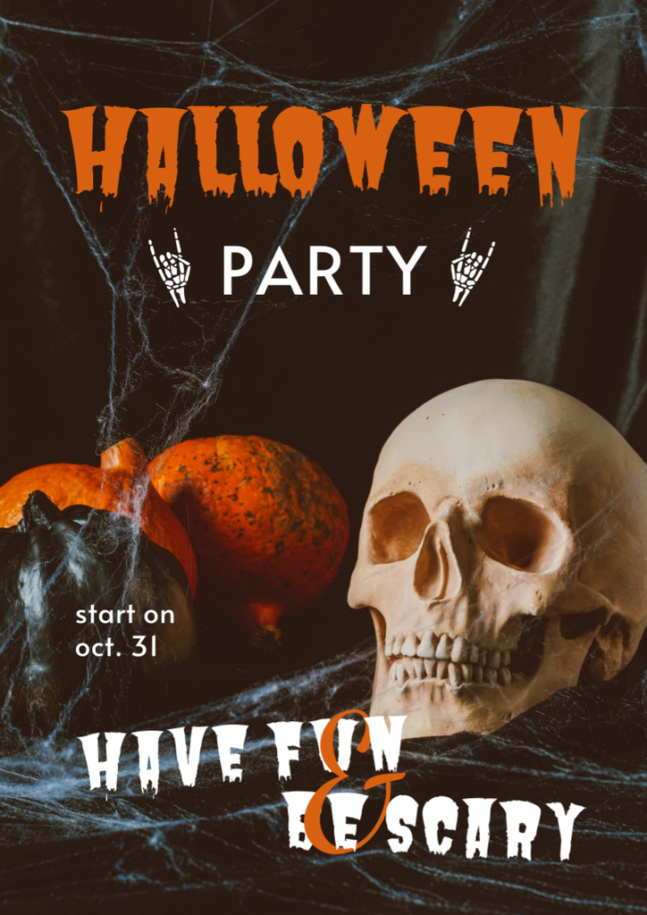 Halloween Party Announcement with Skull and Pumpkins Poster A3 Πρότυπο σχεδίασης