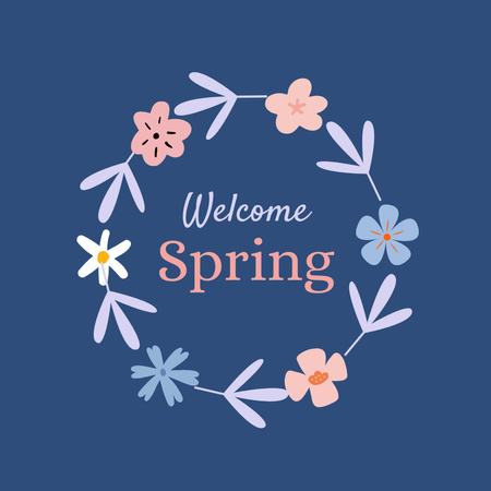 Modèle de visuel Félicitations pour l'arrivée du printemps avec une couronne florale en bleu - Instagram