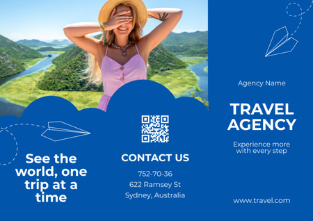 Travel Agency Service Proposal with Young Woman in Hat Brochure Design Template