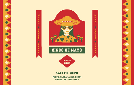 Celebration Announcement Cinco de Mayo with Girl in Sombrero Invitation 4.6x7.2in Horizontal Design Template