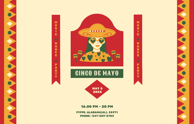 Cinco de Mayo Party Announcement with Woman Illustration in Sombrero Invitation 4.6x7.2in Horizontalデザインテンプレート
