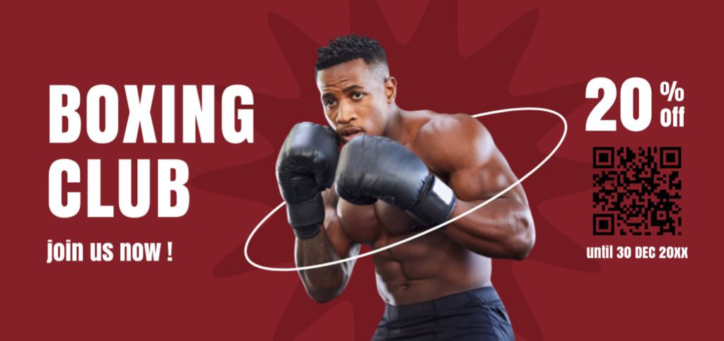 Boxing Club Invitation with Muscular Sportsman in Gloves Coupon Din Large – шаблон для дизайну
