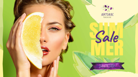 Summer Sale with Woman holding Pomelo fruit FB event cover Πρότυπο σχεδίασης