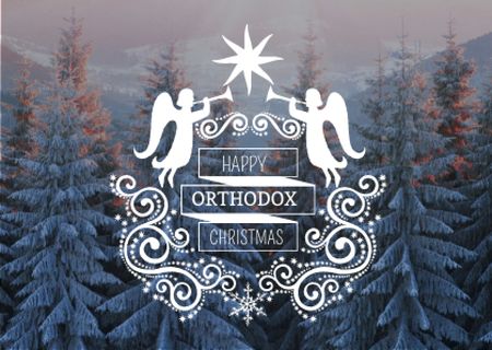 Plantilla de diseño de Happy Orthodox Christmas with Angels over Snowy Trees Postcard 