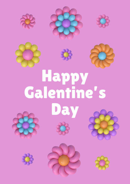 Galentine's Day Greeting with Cute Colorful Flowers Postcard A5 Vertical Design Template