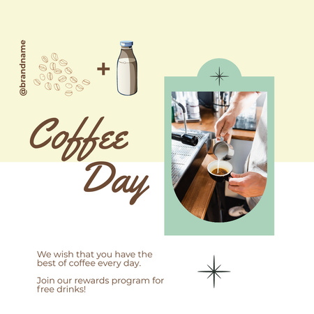 Platilla de diseño Coffee Day Ad with Pouring Milk in White Cup of Coffee Instagram
