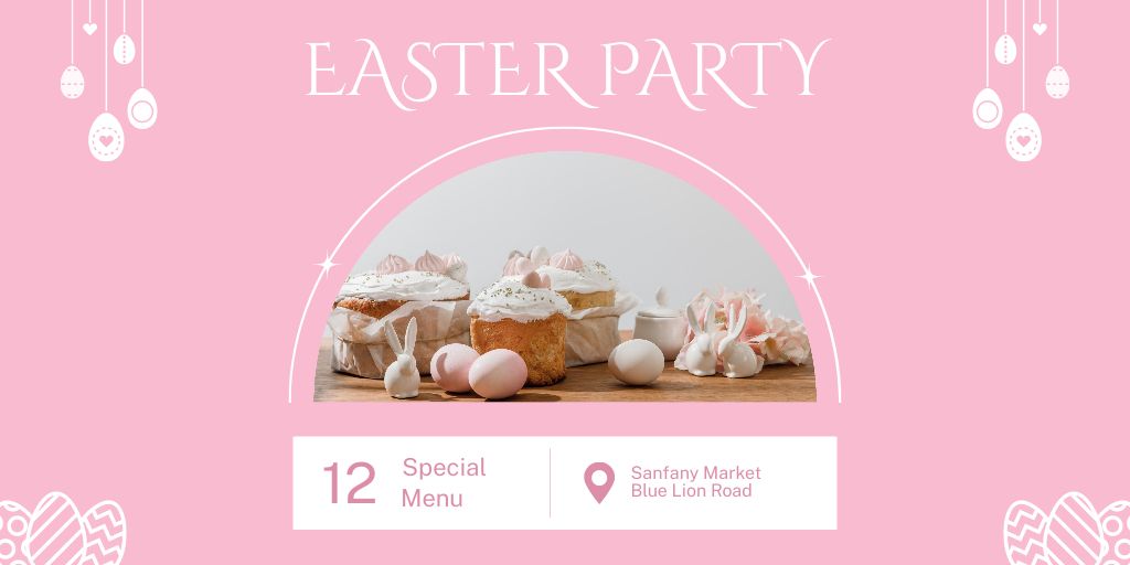 Easter Party Announcement with Sweet Cakes with Colorful Eggs Twitter Design Template