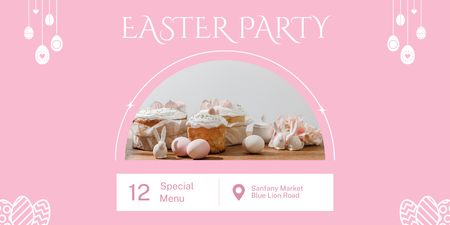 Plantilla de diseño de Anuncio de Fiesta de Pascua con Pasteles Dulces con Huevos de Colores Twitter 