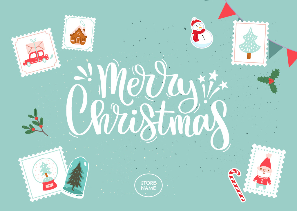 Vibrant Christmas Congrats with Holiday Symbols In Blue Postcard Πρότυπο σχεδίασης