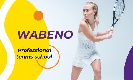Tennis School Ad with Young Woman with Racket Business Card 91x55mm Design Template