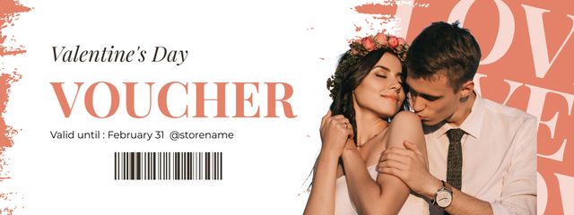 Valentine's Day Sale Voucher with Couple in Love Coupon Design Template