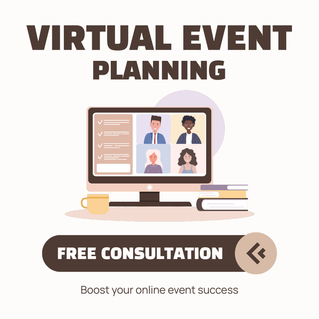 Virtual Event Planning Ad with People on Computer Screen Animated Post Design Template