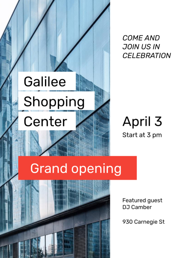 Plantilla de diseño de Shopping Center Grand Opening with Glass Building Flyer A5 