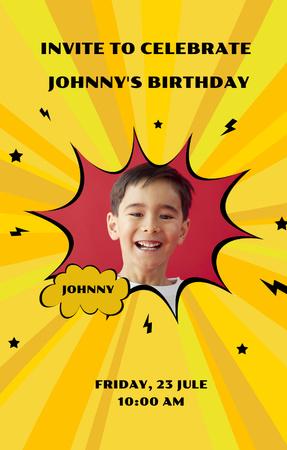 Birthday Party Announcement with Smiling Kid Invitation 4.6x7.2in Design Template