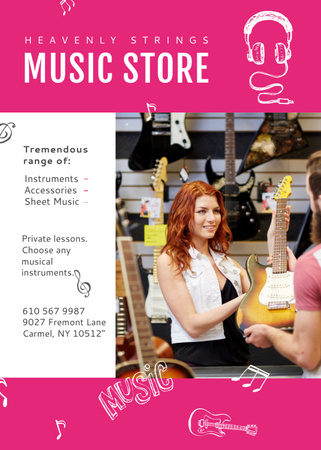 Music Store Ad Woman Selling Guitar Flayer Πρότυπο σχεδίασης