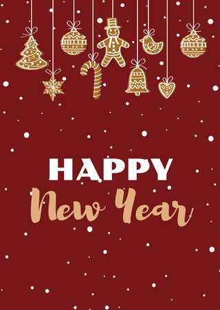Cute New Year Greeting on Red Postcard A6 Vertical Design Template