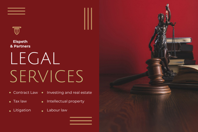Modèle de visuel Legal Services Ad with Themis Statuette on Red - Flyer 4x6in Horizontal