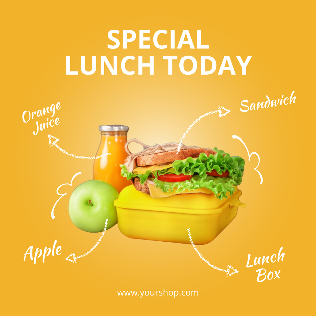 Szablon projektu Special Lunch Ad with Sandwich and Orange Juice Instagram