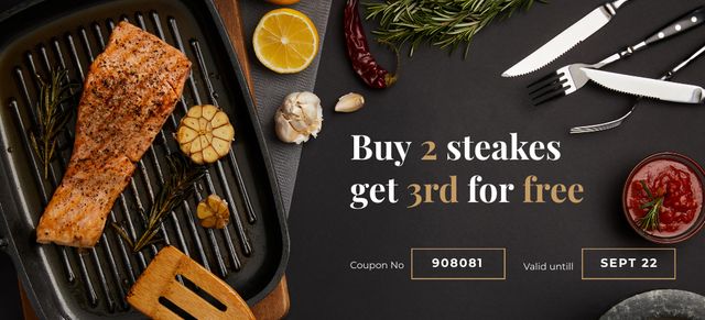 Food Offer with Delicious Juicy Steak Coupon 3.75x8.25in Design Template