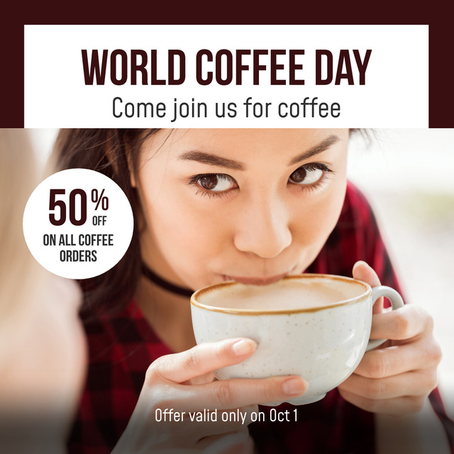 Coffee Shop Promotion with Woman Drinking Cappuccino Instagramデザインテンプレート