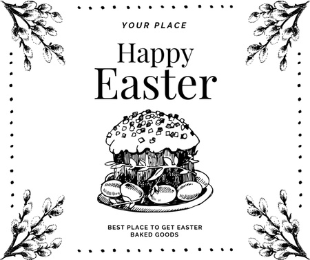 Illustration of Plate with Easter Cake and Painted Eggs Facebook Design Template