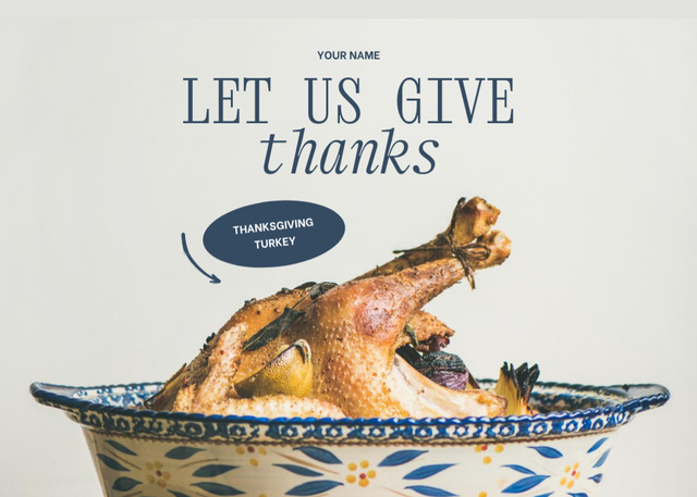 Appetizing Turkey in Blue Patterned Plate for Thanksgiving Flyer 5x7in Horizontal Design Template