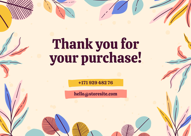 Thank You for Your Purchase Message with Colorful leaves Card Šablona návrhu