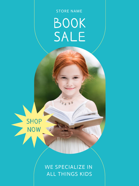 Book Sale Announcement with Cute Little Girl Poster US Šablona návrhu