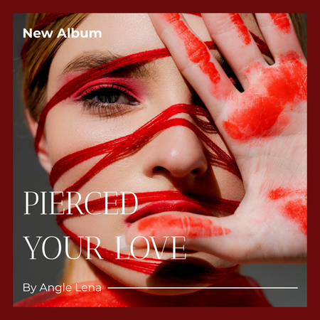 Beautiful Woman with Red Makeup and Red Thread in Face Album Cover Modelo de Design