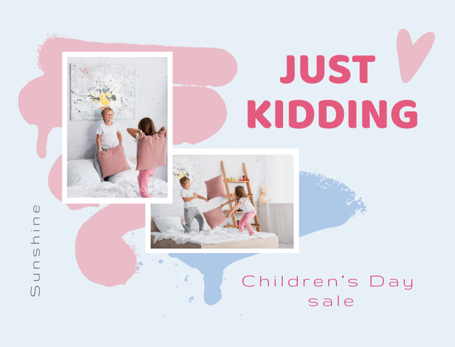 Children Playing Pillow Fight with Sale Offer Postcard 4.2x5.5in Design Template