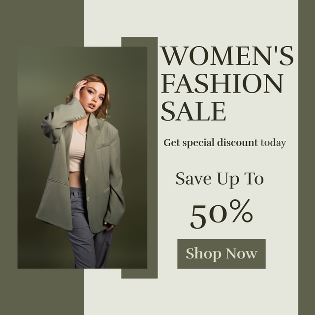 Women's Fashion Sale Announcement with Woman in Green Blazer Instagramデザインテンプレート