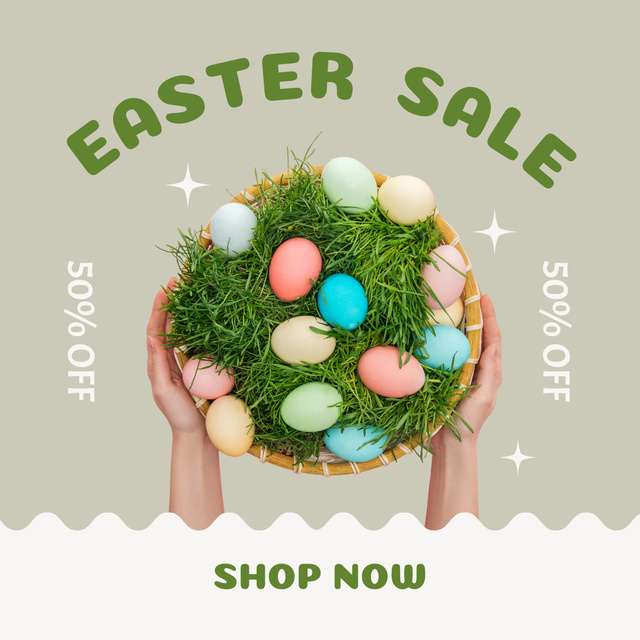 Easter Sale Announcement with Colorful Eggs with Grass in Wicker Plate Instagram tervezősablon