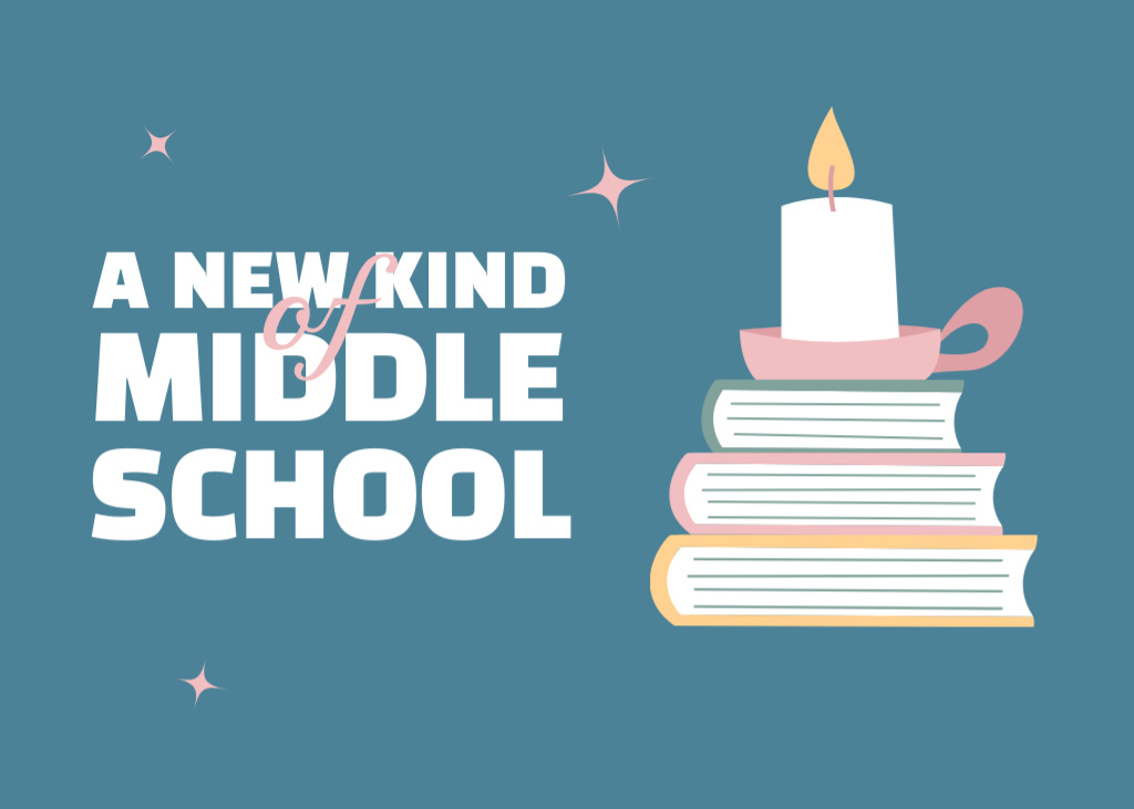 Modèle de visuel Middle School Ad in Blue with Candle on Books - Postcard 5x7in