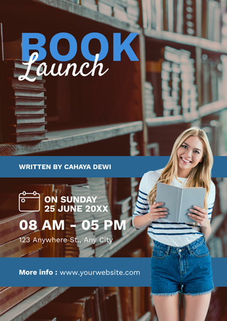 Book Launch Announcement with Woman in Library Poster Design Template