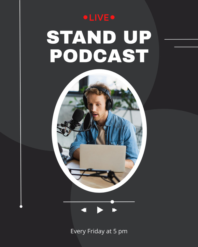 Stand Up Podcast Offer with Man in Headphones Instagram Post Verticalデザインテンプレート