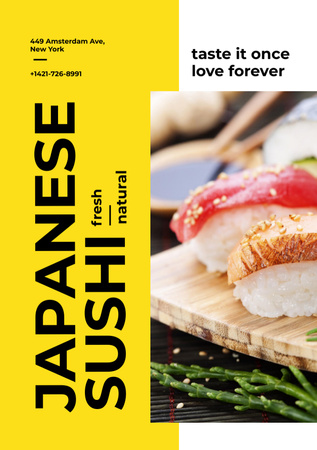 Japanese Restaurant Advertisement with Fresh Sushi Flyer A5 Design Template