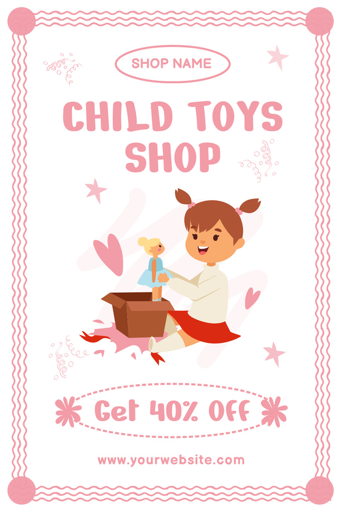 Designvorlage Discount on Toys with Cute Girl with Doll für Pinterest