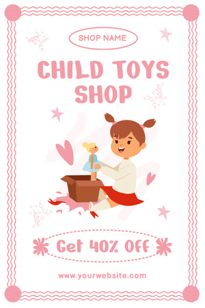 Designvorlage Rabatt auf Spielzeug mit süßem Mädchen mit Puppe für Pinterest