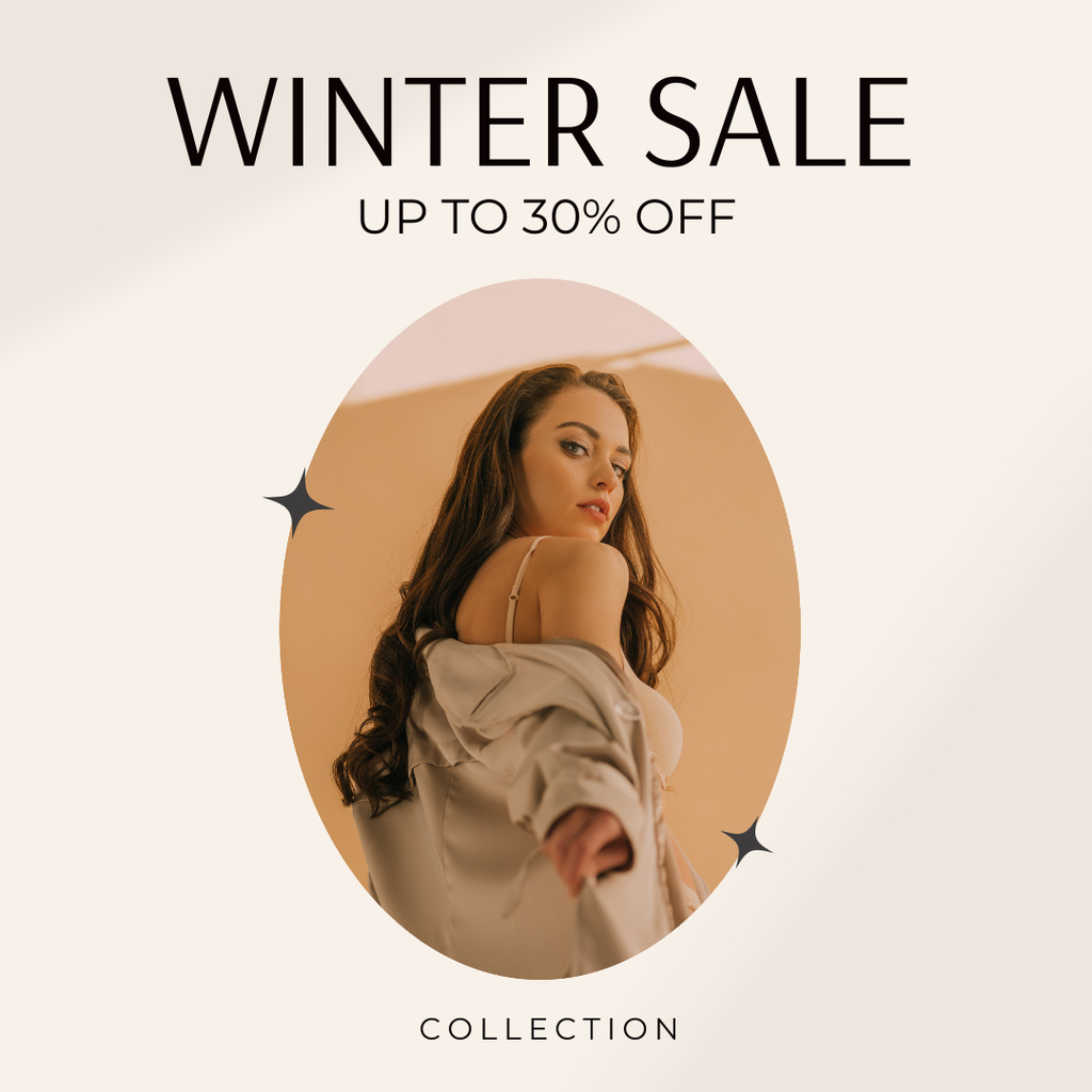 Winter Fashion Sale Ad with Attractive Woman Instagram tervezősablon