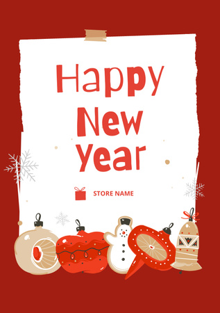 New Year Holiday Greeting with Cute Decorations Postcard A5 Vertical Design Template