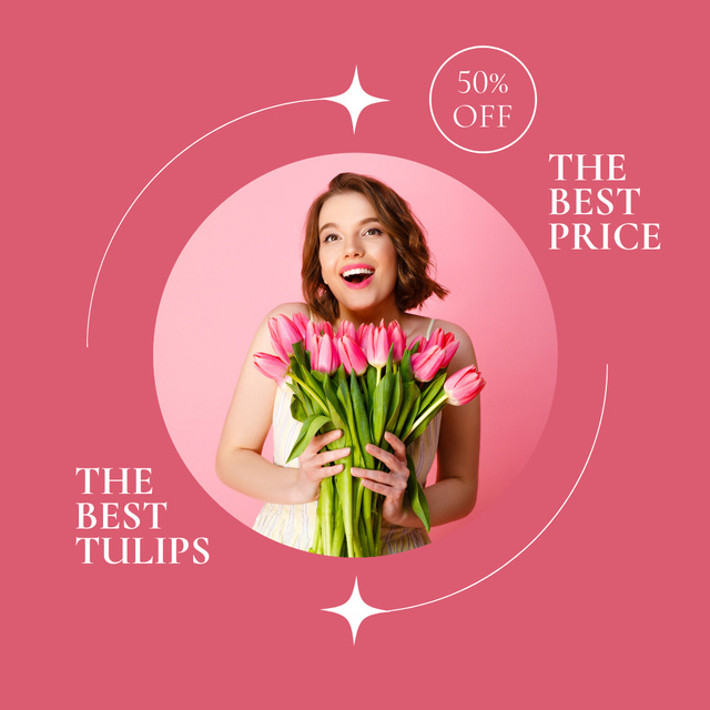 Happy Girl with Pink Tulips Instagramデザインテンプレート