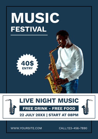 Plantilla de diseño de Anuncio de festival de música con saxofonista Poster 