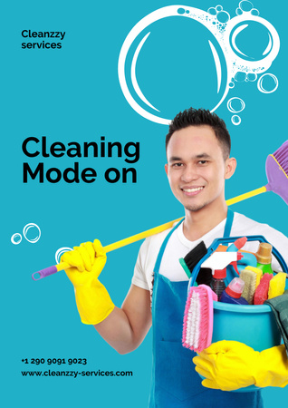 Cleaning Services Offer with Smiling Worker Poster A3 Tasarım Şablonu