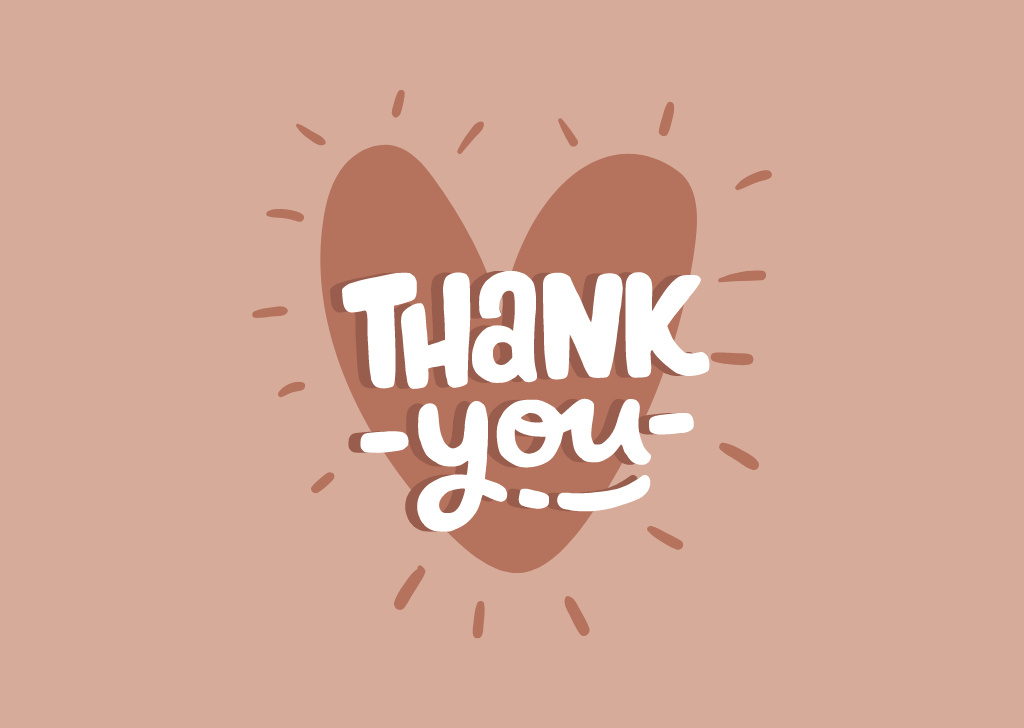 Thank You Text with Doodle Heart on Beige Card Design Template